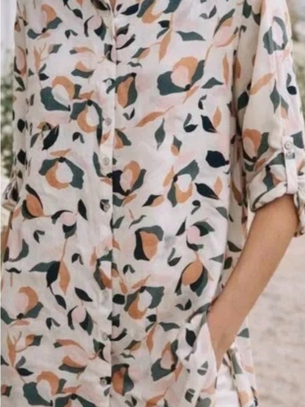 Rachel Zoe Floral Print Button-Down Shirt in Cream, Peach, Green LINEN 1x